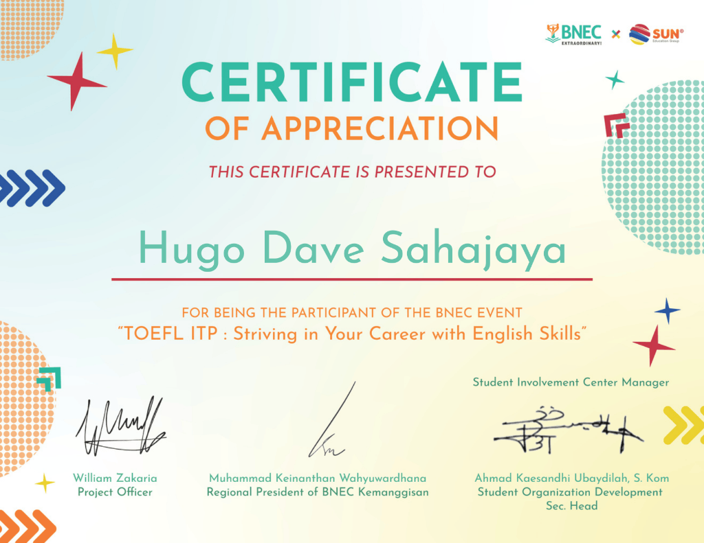 BNEC TOEFL ITP Certificate of Appreciation