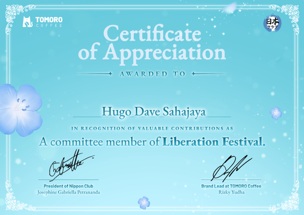Nippon Club Liberation Festival Certificate